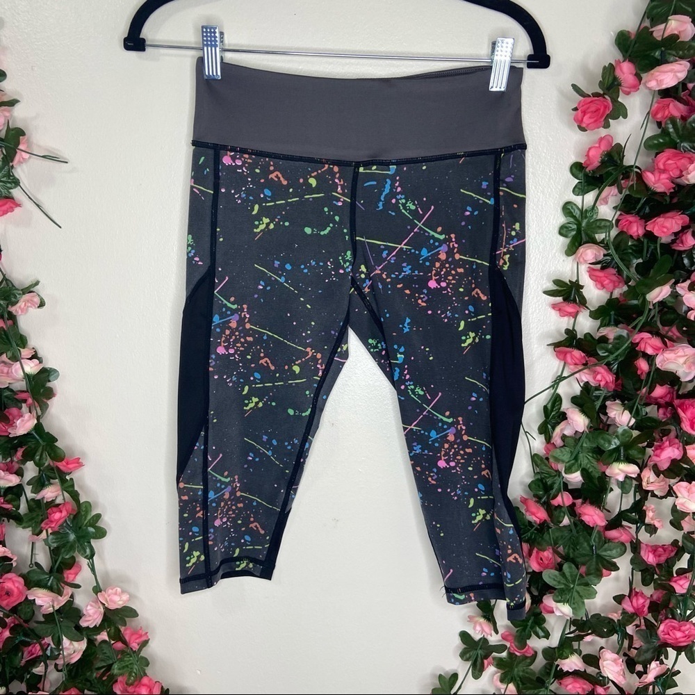 Yoshion Gray Splatter Paint Polka Dot Capri Legging Pants Womens Small Fitness